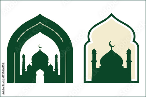 Green Islamic mosque silhouette inside arch window vector frame borders.