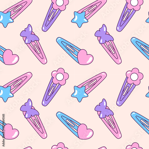Hair clips, barrettes with a star, butterfly, heart, flower decor seamless pattern, background. Simple cute cartoon style drawings