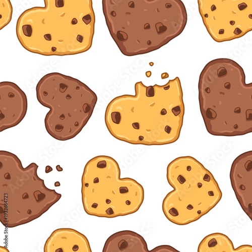 Heart shaped cookies, biscuits, bitten off chocolate cookies pattern, seamless background. Cartoon drawingn