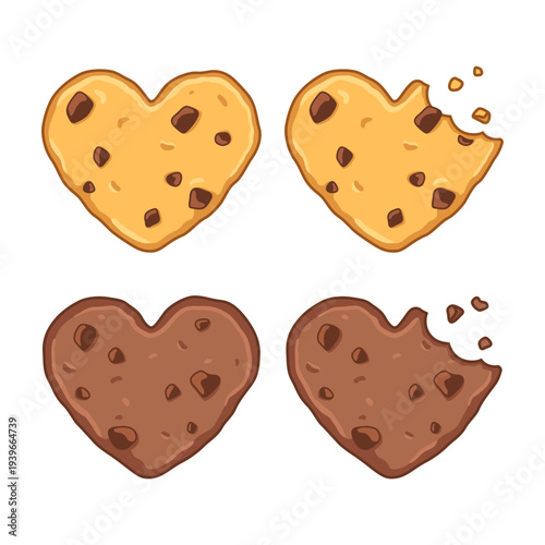 Cookies, biscuits, bitten off heart shaped chocolate cookies, cartoon drawings