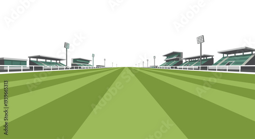 A low-angle illustration depicts a vast green striped sports field with multiple empty grandstands and tall light poles under a clear sky.
