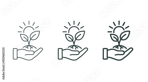Hand Holding Growing Plant with Sunlight, Eco-Friendly Concept, Simple Line Art and Isolated on White