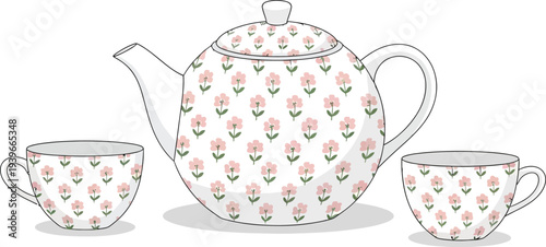 Floral teapot with two cups, vintage tea set for serving, delicate pink flower pattern
