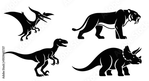 Prehistoric Animal Silhouettes: Dinosaur and Saber-toothed Tiger Vector Icons Set