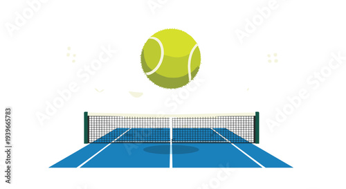 A vibrant illustration presents a blue tennis court with a net, a large tennis ball floating above, and two arrays of stadium lights.