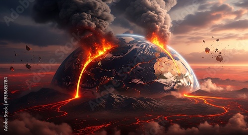 A Planet with Massive Volcanic Eruptions and Lava Flows Under a Dramatic Sky fiery smoke