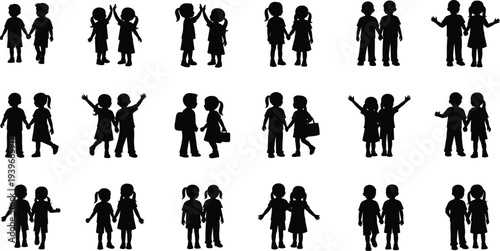 Set of Children Silhouettes Featuring Boys and Girls Holding Hands, High Fiving, and Walking Together for Friendship and Education Concepts