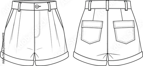 Women High Waisted Shorts Fashion Flat Sketch, Technical CAD Drawing, Vector Illustration of Front and Back View for Apparel Design Template
