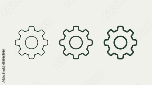 Three Gear Icons in a Row on White Background, Symbolizing Teamwork and Mechanical Process