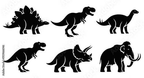 Prehistoric Animal Silhouettes Set - Dinosaurs and Mammoth Vector Icons