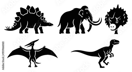 Prehistoric Animal Silhouettes Set: Dinosaurs and Mammoth Vector Collection