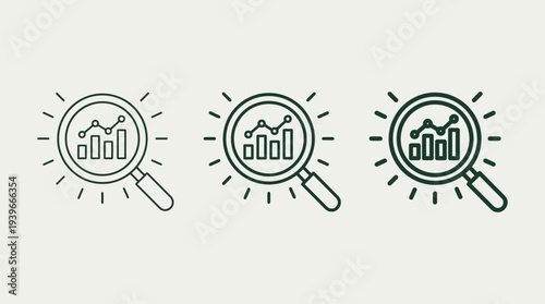 Magnifying Glass Examining Bar Graph Icons in Simple Line Style