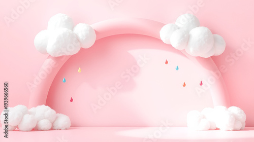 Pastel pink background, 3D rainbow arch, fluffy white clouds, colorful rain droplets, soft lighting, whimsical atmosphere, children's illustration style, dreamy scenery, cotton candy textures, magical