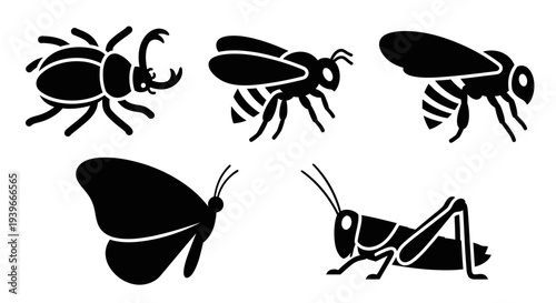 Various Insect Silhouettes Collection: Beetle, Bee, Butterfly, Wasp, and Grasshopper Icons