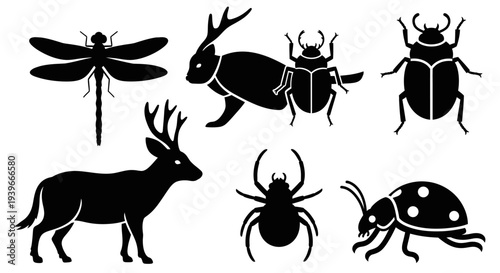 Wildlife and Insect Silhouettes Collection on White Background