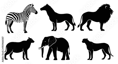 Wild Animal Silhouettes Collection: Zebra, Lion, Elephant, and More