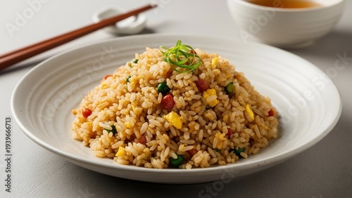 Delicious homemade fried rice with vegetables and egg served on a white plate.