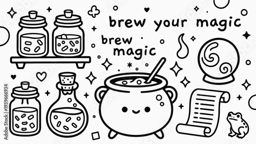 Cute magic cauldron doodle with potion bottles crystal ball and ancient scroll illustration