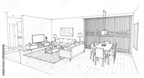 Modern Living Room Interior with Comfortable Seating and Large Windows.