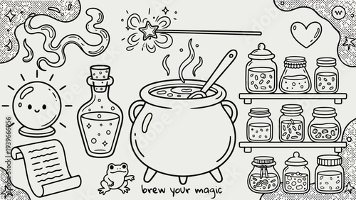 Witchy aesthetic line art collection featuring potion jars magic cauldron and crystal ball