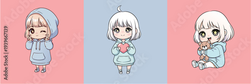 Cute cartoon girl in different adorable poses and expressions