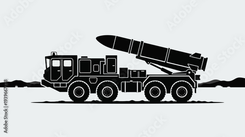 Military missile launcher vehicle in desert landscape for defense concepts