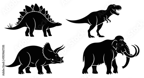 Prehistoric Animal Silhouettes Set: Dinosaurs, Triceratops, T-Rex, Stegosaurus, and Mammoth