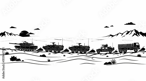 Military vehicles advancing through desert landscape with mountains