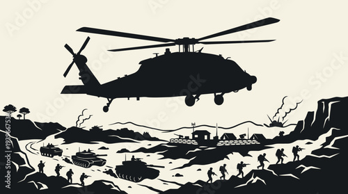 Military helicopter flying over battlefield with soldiers and tanks