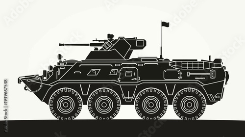 Modern military armored vehicle with gun turret and flag