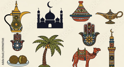 Collection of Middle Eastern Cultural Symbols and Artifacts.