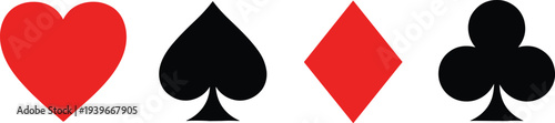 Classic playing card suits hearts spades diamonds and clubs icons for casino games, gambling, entertainment, and graphic design