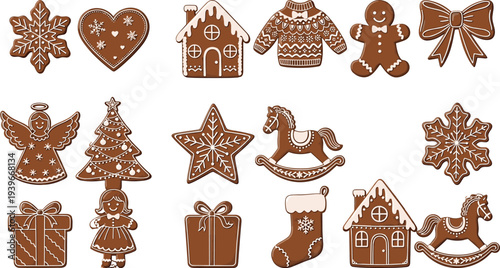 Set of Christmas gingerbread cookies, festive holiday treats with icing details, gingerbread man and house icons, cad drawing flat vector illustration.
