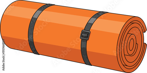 Rolled orange camping mat with black straps, sleeping pad for outdoor hiking, yoga fitness mattress, cad drawing flat vector illustration.