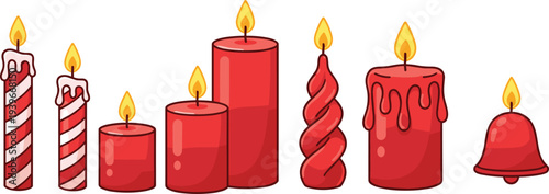 Collection of decorative red candles with unique shapes, stripes, drips, and flames for holiday, celebration, and festive design