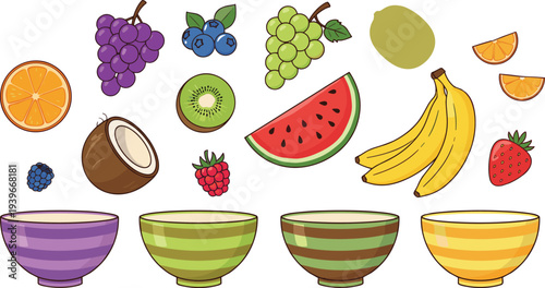 Colorful assortment of fruits with empty striped bowls for sorting, categorizing, and educational design or playful projects