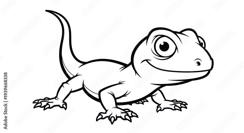 Fototapeta premium Cute happy cartoon gecko lizard standing proudly in a simple black and white vector illustration