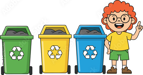 Cute cartoon boy with glasses and curly hair pointing up next to green yellow and blue recycling bins for environmental education flat vector illustration.