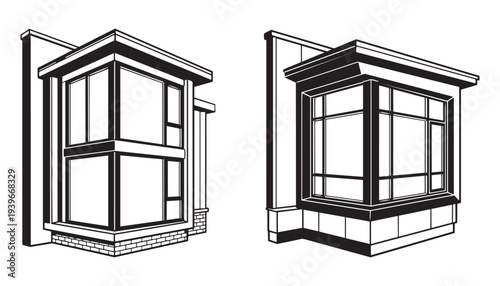 Modern bay window architectural design vector illustration perspective view.