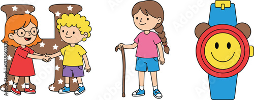 Cute cartoon cheerleader set featuring diverse girls and happy animals like a cat, rabbit, and pig jumping with colorful pom-poms.