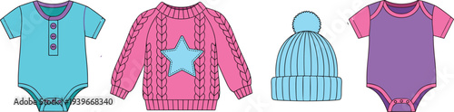 Cad drawing flat vector illustration of baby clothes set featuring colorful onesies pink star sweater and blue winter pompom hat