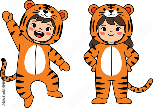 Cute cartoon children wearing tiger onesie costumes with hoods and tails jumping and posing with happy faces.