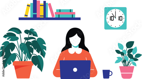 Flat vector illustration of a woman working on laptop at home office with houseplants books and clock on white background