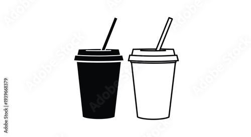 Simple graphic illustration of two disposable takeaway cups with lids and drinking straws.