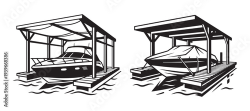 Boat dock illustration vector yacht and motorboat storage covered shelter marina.