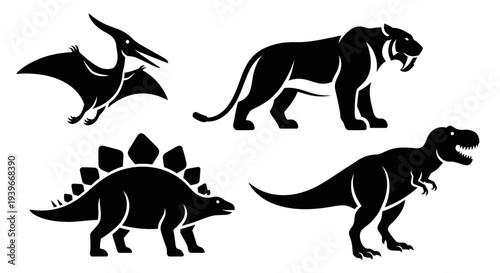 Prehistoric Animals Silhouettes Set: Dinosaurs and Ancient Beasts Vector Illustration