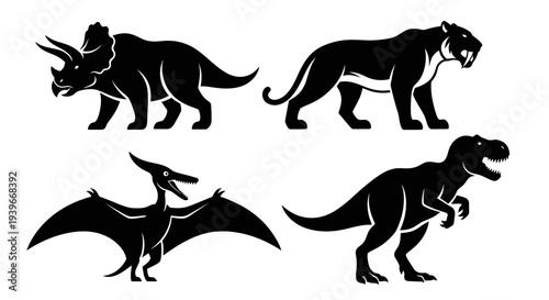 Prehistoric Animals Silhouettes Set: Dinosaur, Pterodactyl, Saber-toothed Tiger Icons