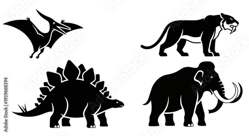 Prehistoric Animals Silhouettes Set: Dinosaurs and Extinct Mammals Icons