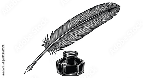 Classic quill pen and inkwell vector illustration, perfect for historical writing and education graphic design.