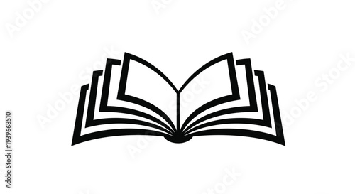 Stylized black and white vector graphic illustration of an open book with fanned pages design